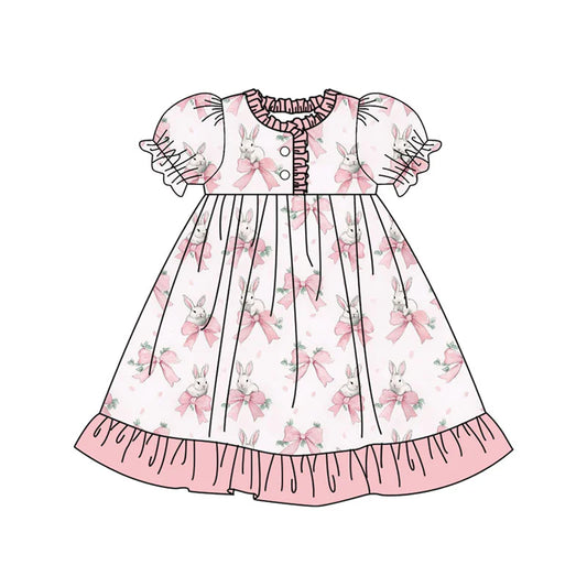 X923Preorder (moq 5)Baby Girls Pink Bows Rabbits Easter Button Ruffle Knee Length Dresses