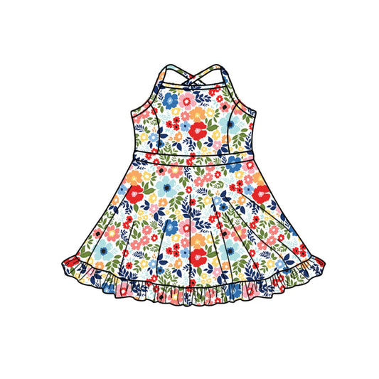 X1.14 Preorder (moq 5)Baby Girls Strap Colorful Flowers Ruffle Shorts Knee Length Dresses