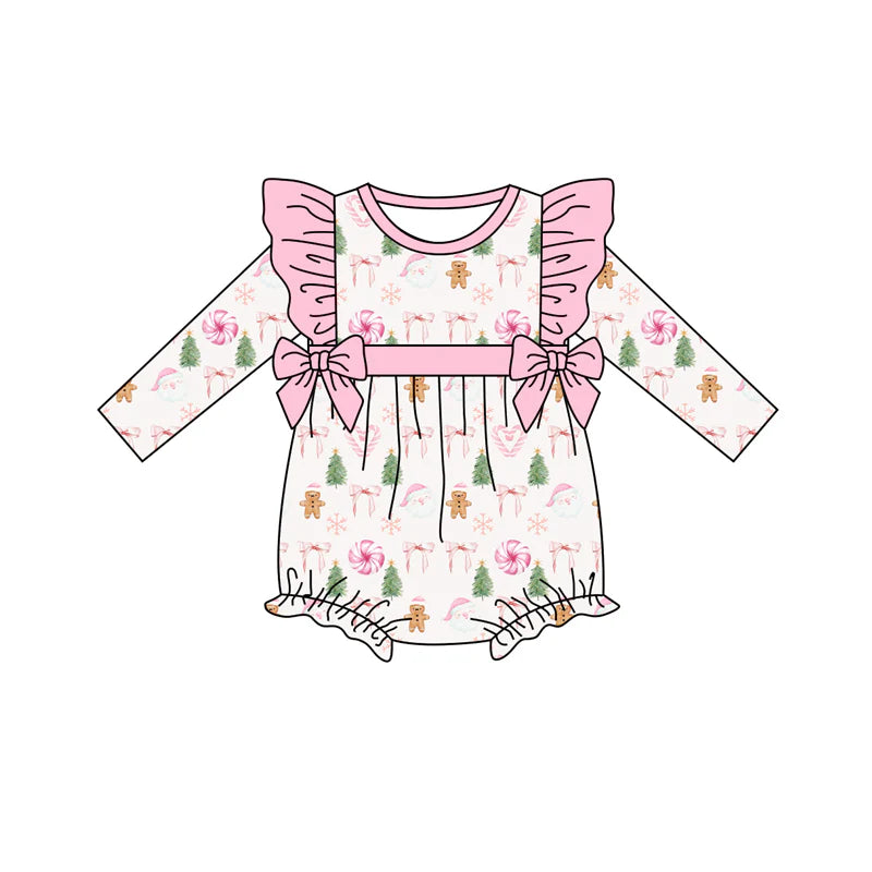7.12Preorder (moq 5)Baby Girls Long Sleeves Santa Gingerbread Trees Plaid Ruffle Romper
