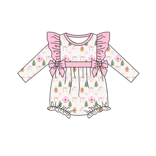 7.12Preorder (moq 5)Baby Girls Long Sleeves Santa Gingerbread Trees Plaid Ruffle Romper