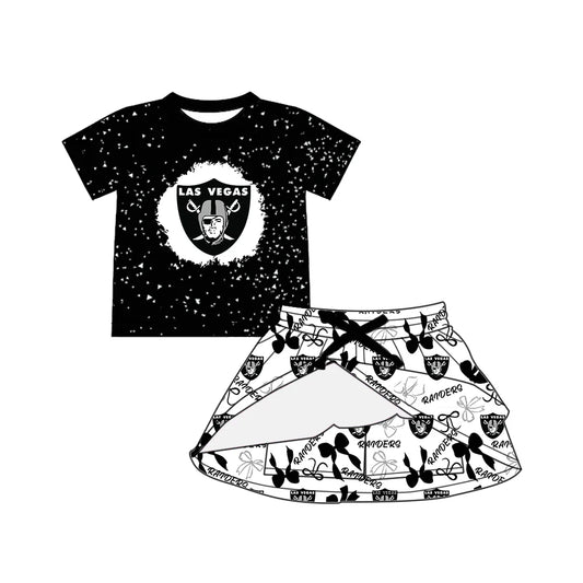 6.30Preorder (moq 5)Baby Girls Black Short Sleeves Raiders Top Bows Plaid Skorts Team Set