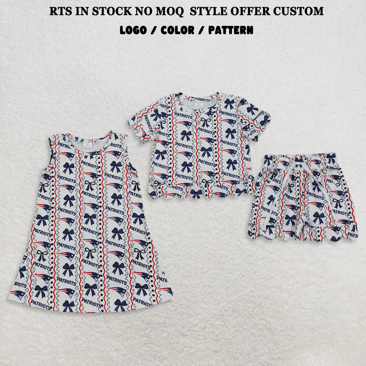 RTS NO MOQ Sibling milk silk Baby Girls Patriots Bows Stripe Top Pockets Short Team Scallop Clothes Sets Dress