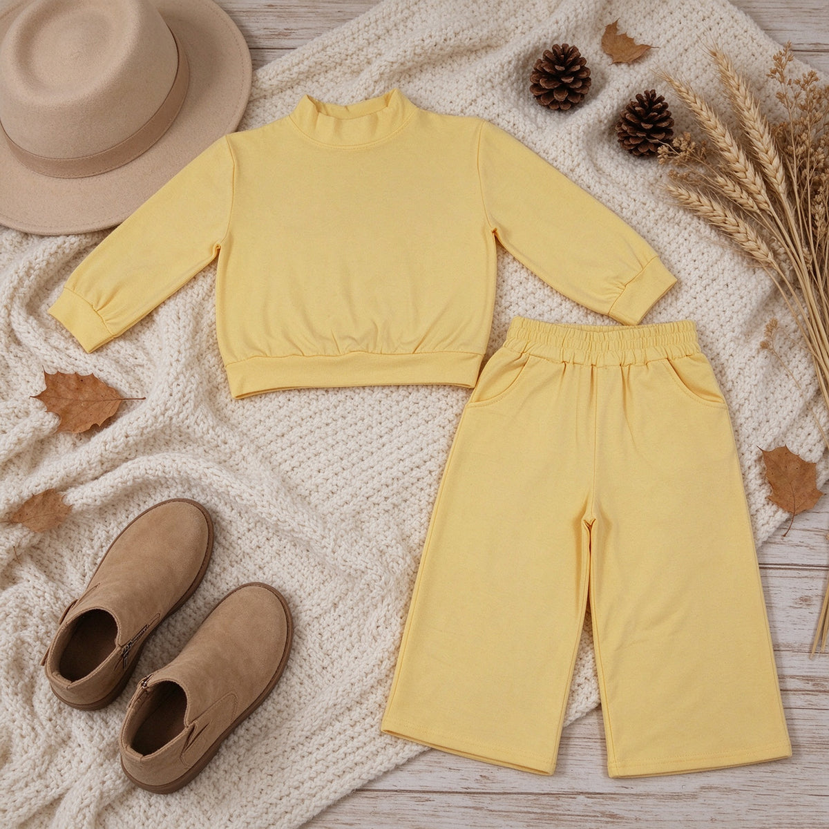 NEW RTS NO MOQ milk silk GLP3473 Baby Girls Yellow Long Sleeve Shirt Top Pockets Flare Pant Clothes Set