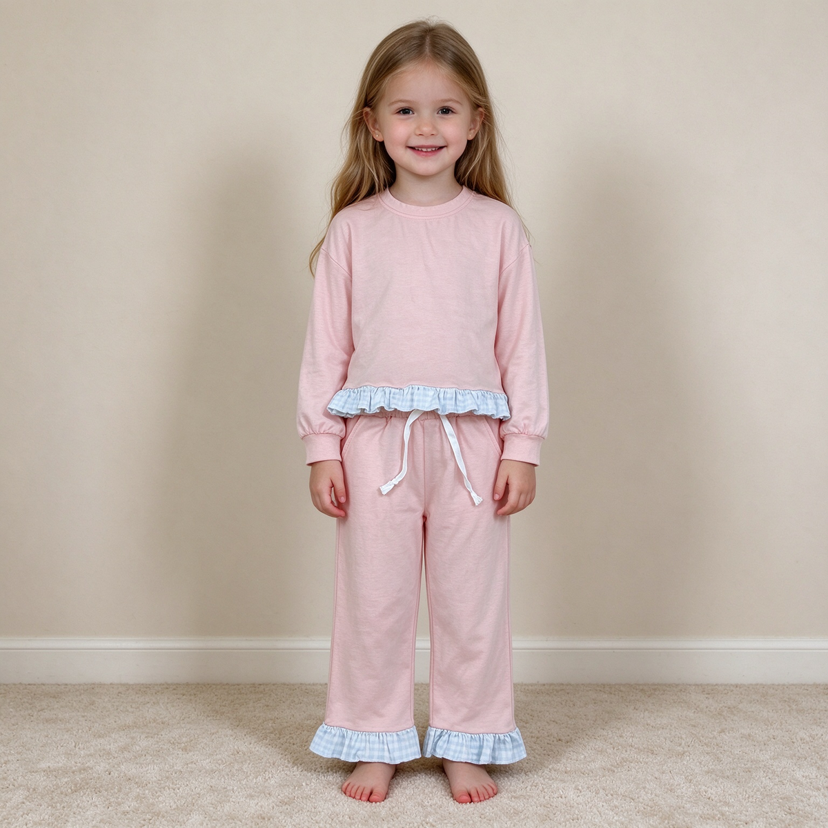 NEW RTS NO MOQ milk silk GLP3754 Baby Girls Light Pink Long Sleeve Top Ruffle Pant Clothes Set