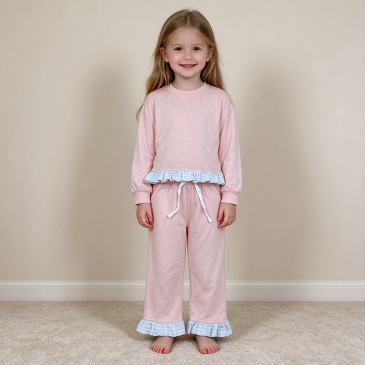 NEW RTS NO MOQ milk silk GLP3754 Baby Girls Light Pink Long Sleeve Top Ruffle Pant Clothes Set