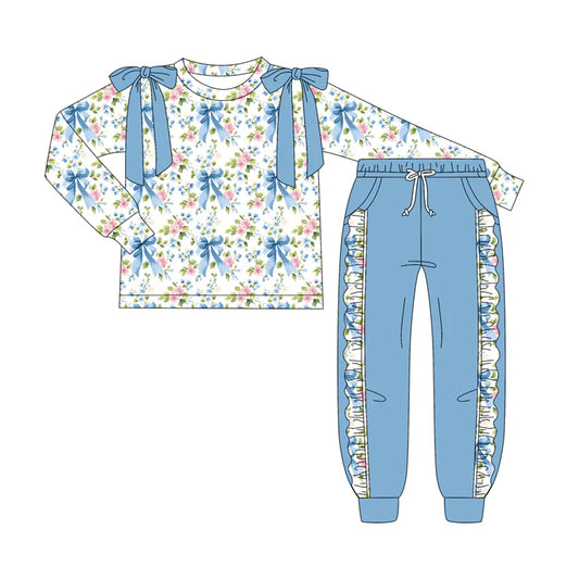 7.9Preorder (moq 5)Baby Girls Long Sleeves Blue Bows Floral Top Pockets Pant Clothes Set