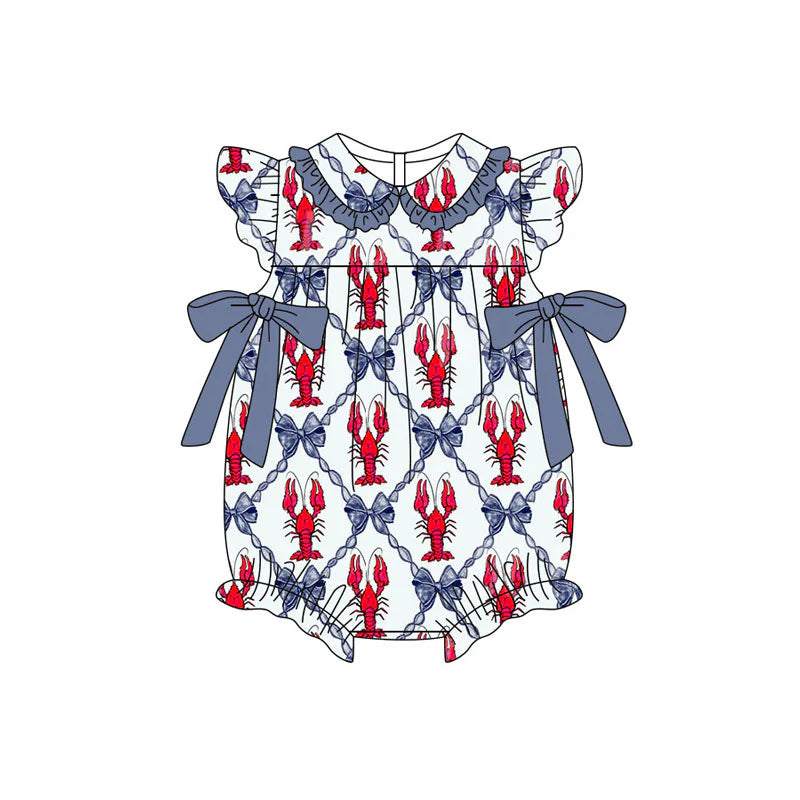 X11.17Preorder (moq 5)Baby Girls Flutter Sleeve Crayfishes Bows Checked Ruffle Collar Rompers