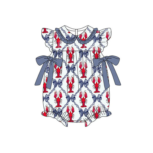 X11.17Preorder (moq 5)Baby Girls Flutter Sleeve Crayfishes Bows Checked Ruffle Collar Rompers