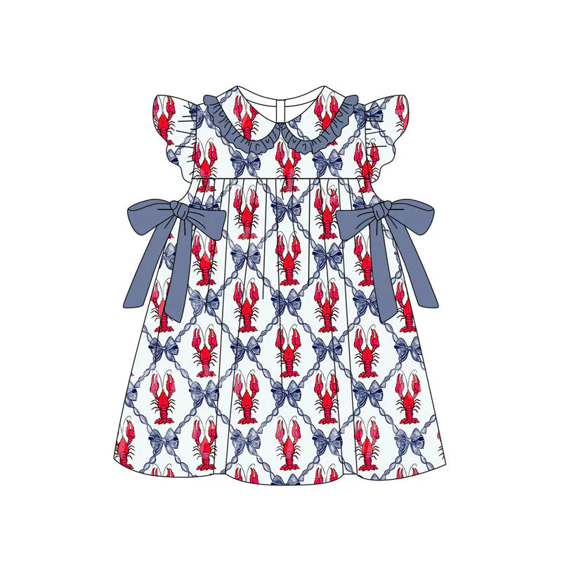 X11.17Preorder(moq 5) Baby Girls Crayfishes Bows Checked Flutter Sleeve Knee Length Dresses