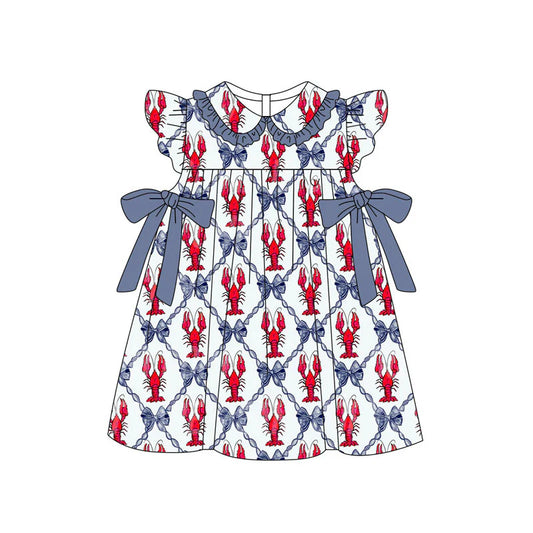 X11.17Preorder(moq 5) Baby Girls Crayfishes Bows Checked Flutter Sleeve Knee Length Dresses