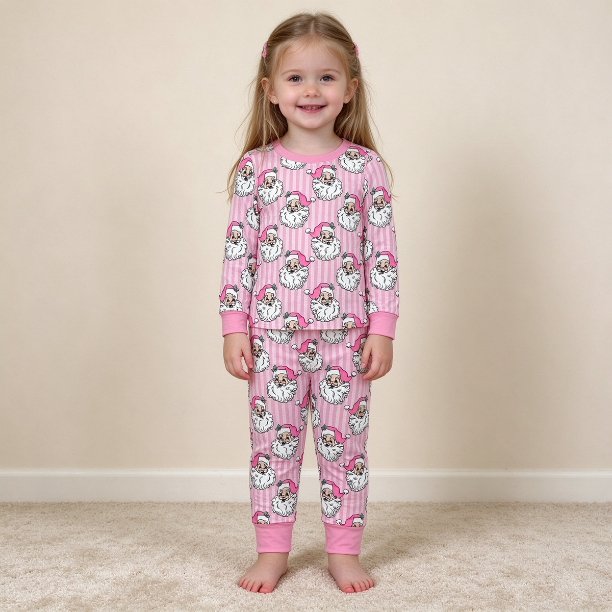 NEW RTS NO MOQ milk silk GLP3440 Baby Girls Pink Stripe Santa Top Pant Christmas Pajamas Set