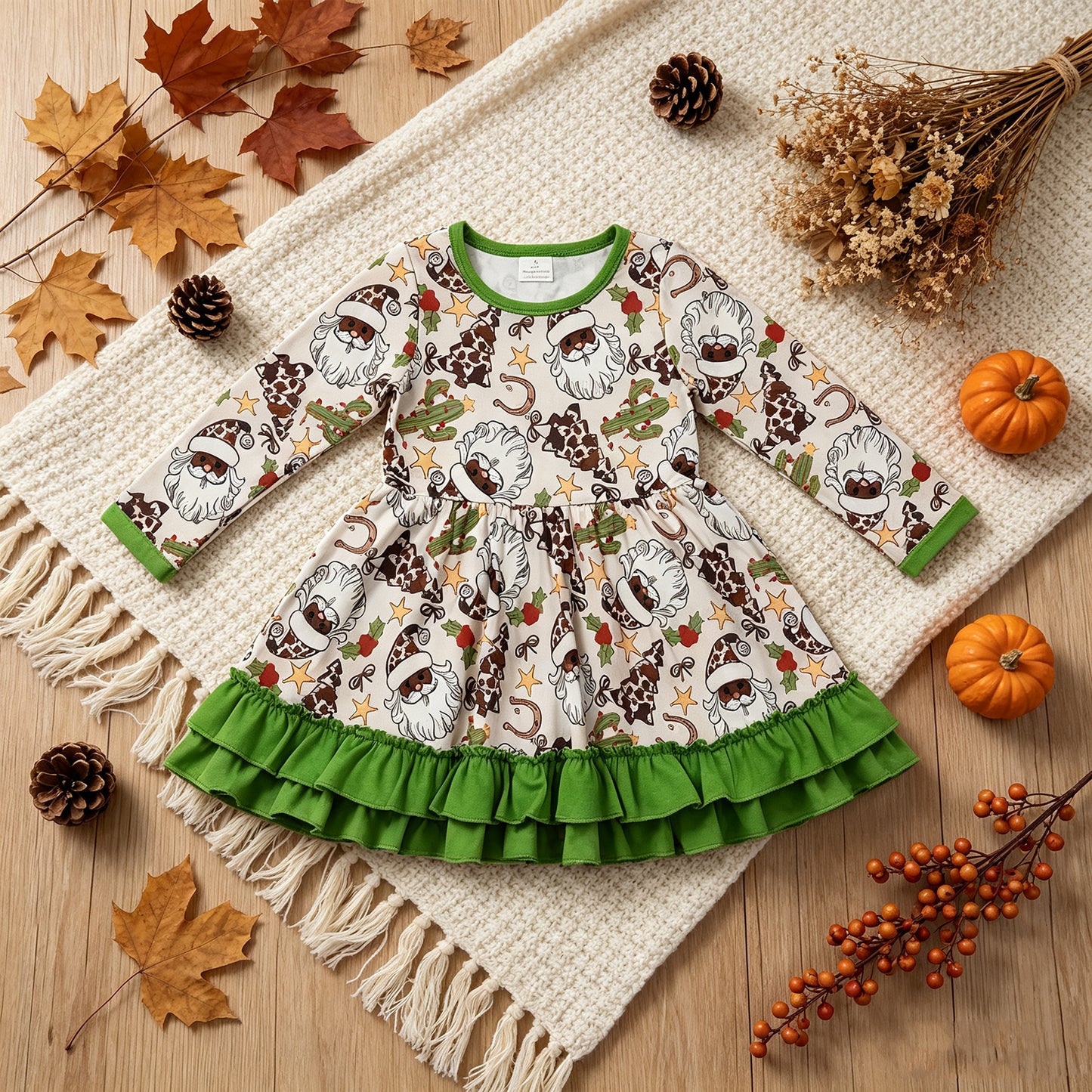 NEW RTS NO MOQ milk silk GLD1213 Baby Girls Christmas Western Long Sleeves Santa Cactus Ruffle Knee Length Dresses