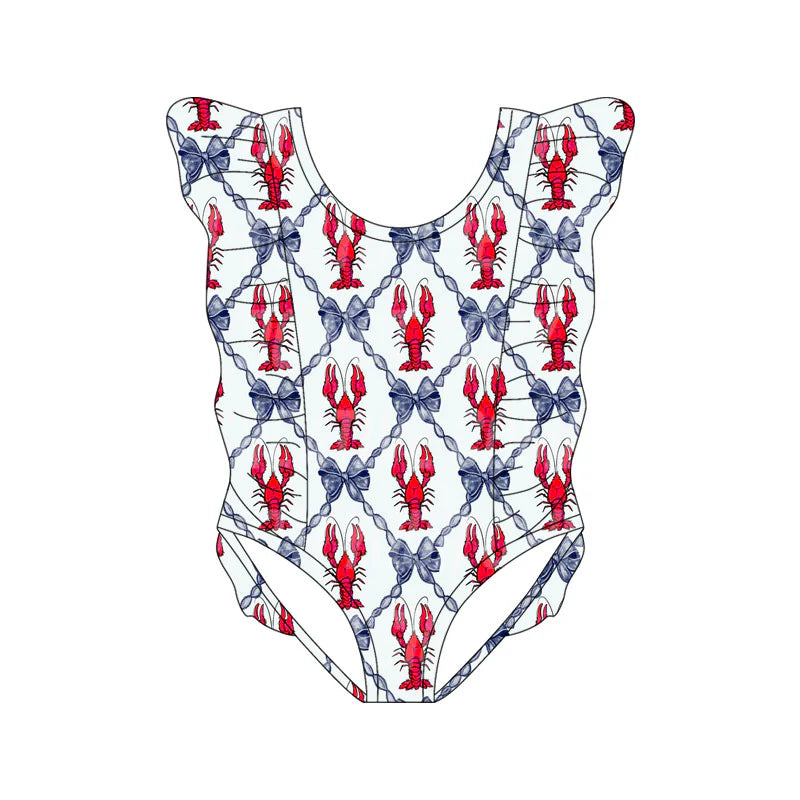 X11.18Preorder(moq 5) Baby Girls Bows Crayfishes Checked Ruffle Swimsuits