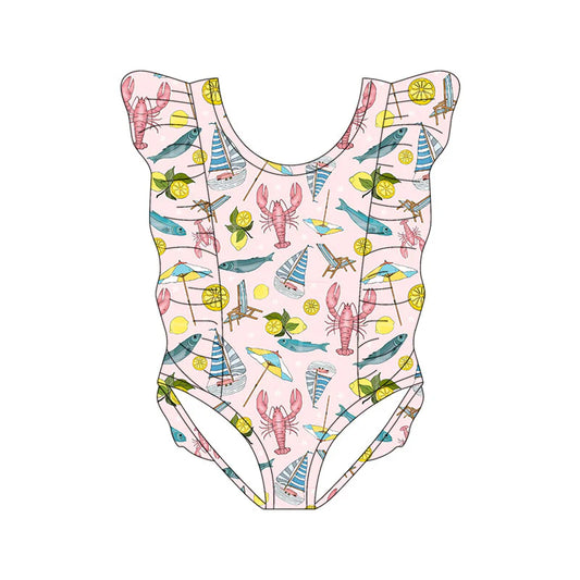 X11.18Preorder(moq 5) Baby Girls Crayfishes Fishes Boats Ruffle Swimsuits