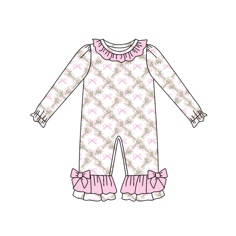 8.6Preorder(moq 5)Baby Infant Girls Long Sleeves Pink Bows Flowers Plaid Ruffle Pants Rompers