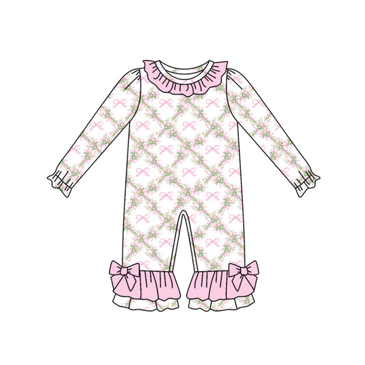 8.6Preorder(moq 5)Baby Infant Girls Long Sleeves Pink Bows Flowers Plaid Ruffle Pants Rompers