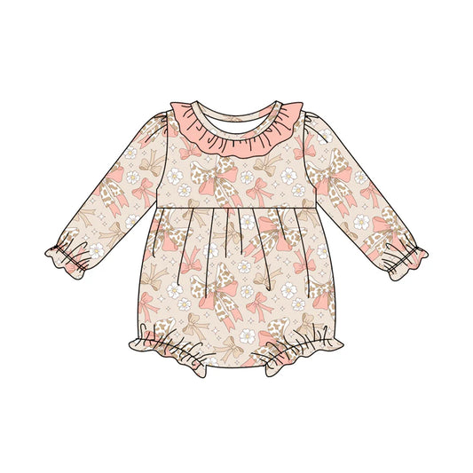 8.9Preorder(moq 5)Baby Infant Girls Peach Camo Bows Flowers Plaid Ruffle Rompers
