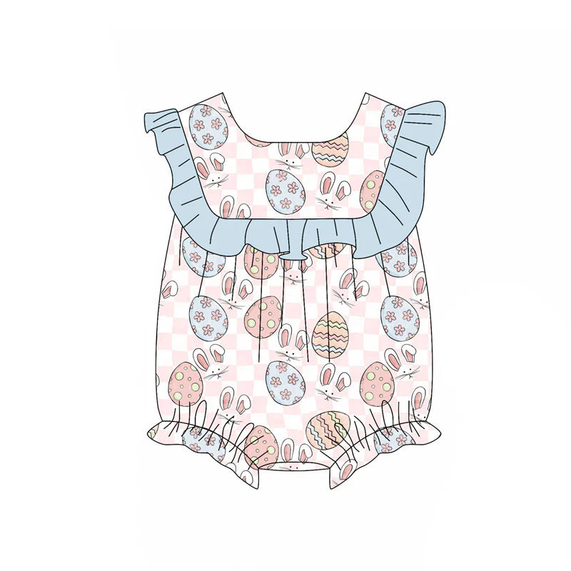 X11.15Preorder (moq 5)Baby Girls Pink Checked Rabbits Eggs Easter Ruffle Rompers