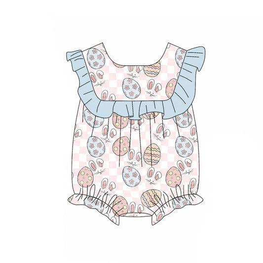 X11.15Preorder (moq 5)Baby Girls Pink Checked Rabbits Eggs Easter Ruffle Rompers