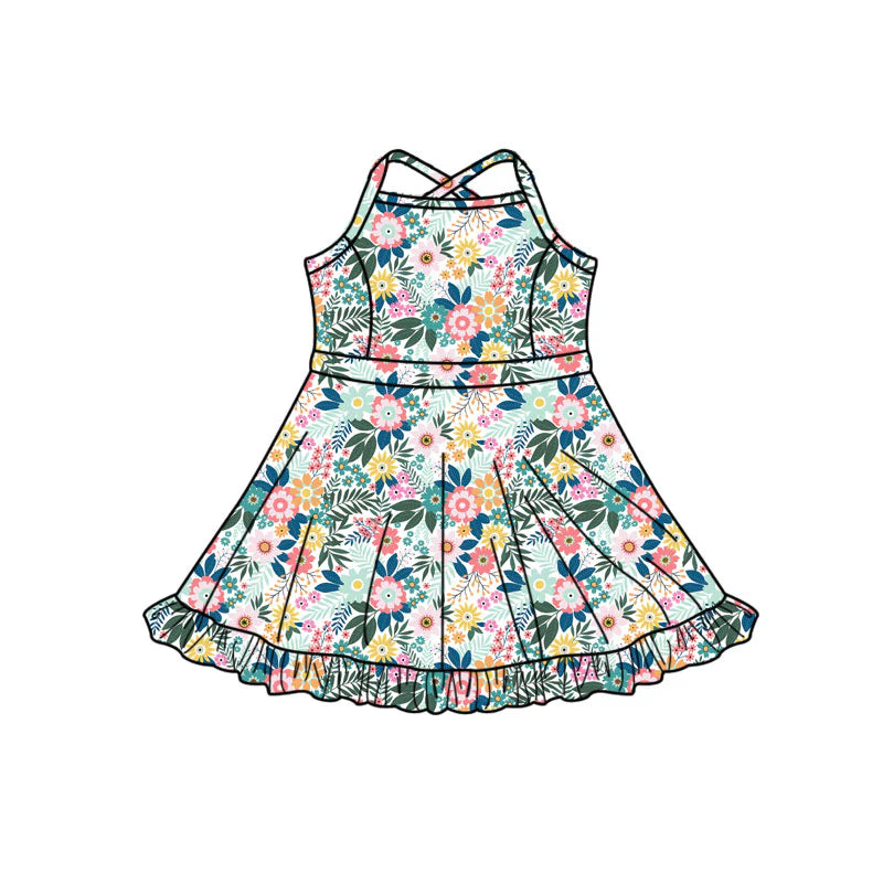 X1.14 Preorder (moq 5)Baby Girls Strap Colorful Flowers Ruffle Shorts Knee Length Dresses