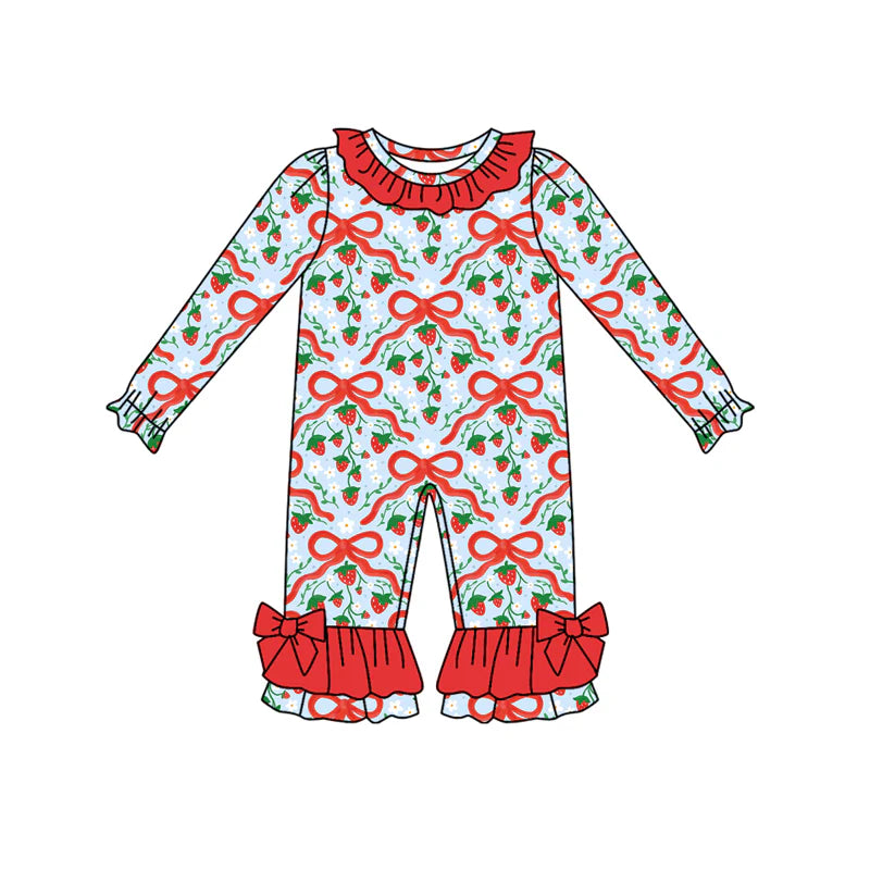 8.11Preorder(moq 5)Baby Infant Girls Red Bows Strawberry Plaid Ruffle Pant Rompers