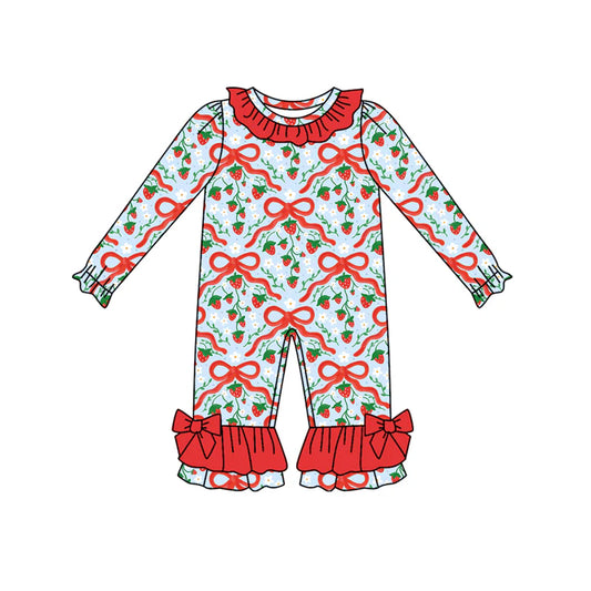 8.11Preorder(moq 5)Baby Infant Girls Red Bows Strawberry Plaid Ruffle Pant Rompers