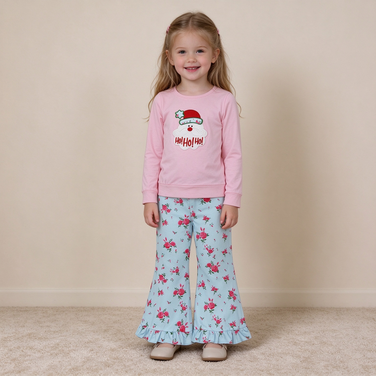 NEW RTS NO MOQ milk silk GLP3596 Embroidery Hat Santa Flowers Baby Girls Ruffle Flare Pant Christmas Clothes Set