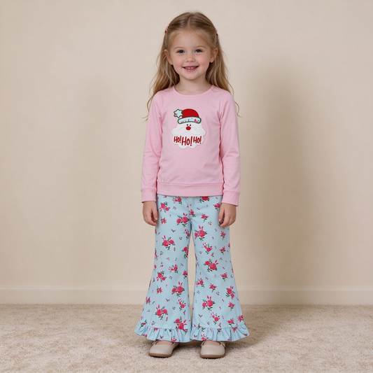 NEW RTS NO MOQ milk silk GLP3596 Embroidery Hat Santa Flowers Baby Girls Ruffle Flare Pant Christmas Clothes Set