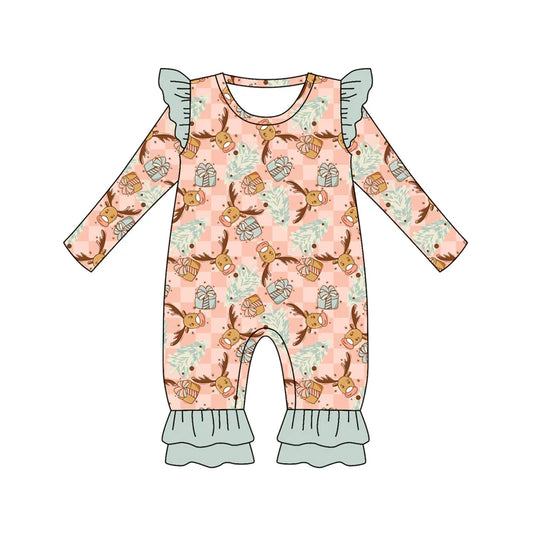 7.12Preorder (moq 5)Baby Girls Long Sleeves Gift Deer Trees Plaid Ruffle Pant Romper