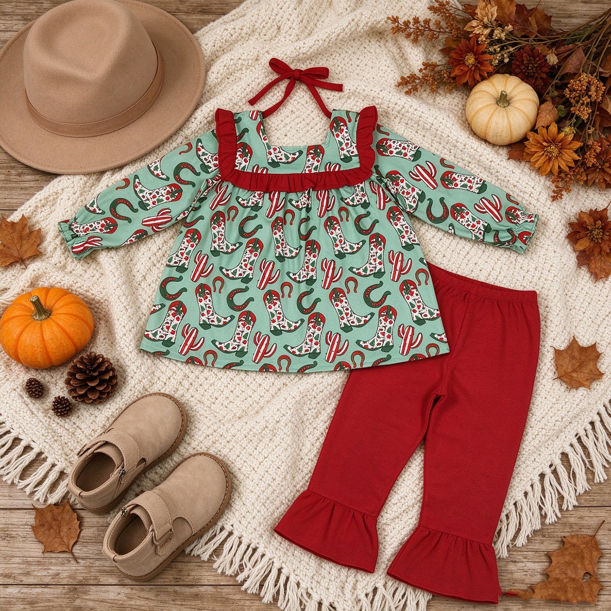 NEW RTS NO MOQ milk silk GLP2355 Baby Girls Trees Holly Boots Cactus Tunic Ruffle Pant Christmas Clothes Set