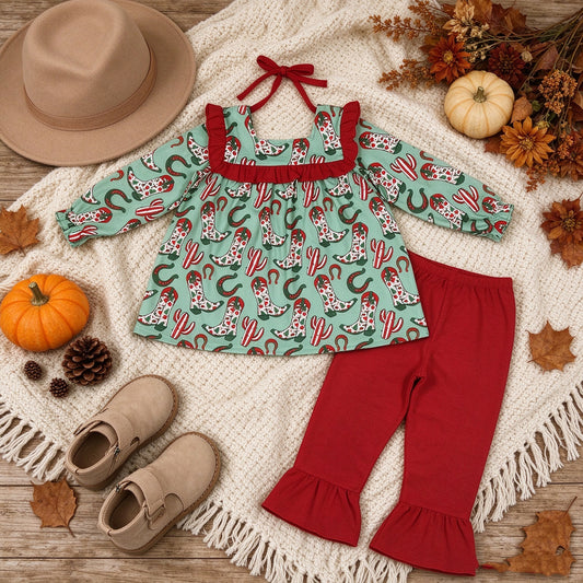 NEW RTS NO MOQ milk silk GLP2355 Baby Girls Trees Holly Boots Cactus Tunic Ruffle Pant Christmas Clothes Set