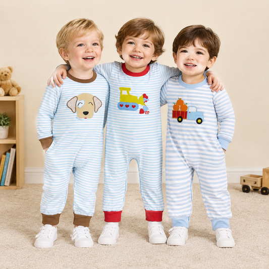 RTS NO MOQ Sibling milk silk Embroidery Baby Boys Light Blue White Stripe Long Sleeve Fall Rompers