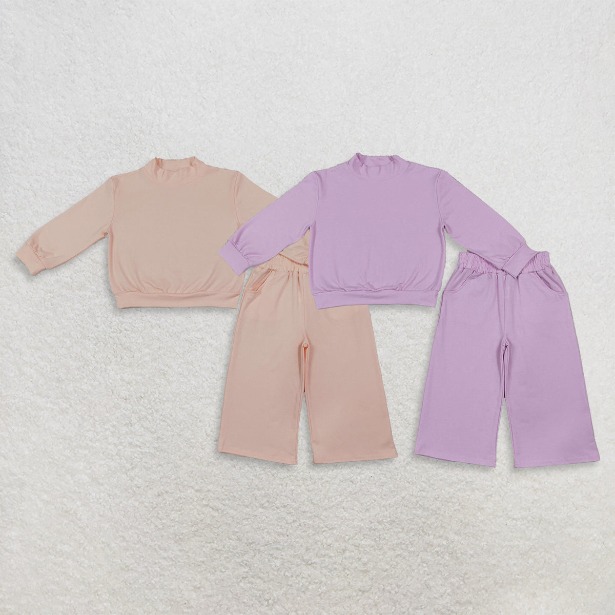 RTS NO MOQ Sibling cotton Baby Girls High Neck Solid Ruffle Mock Neck Long Sleeve Top And Wide Leg Pant Outfit Set（副本）
