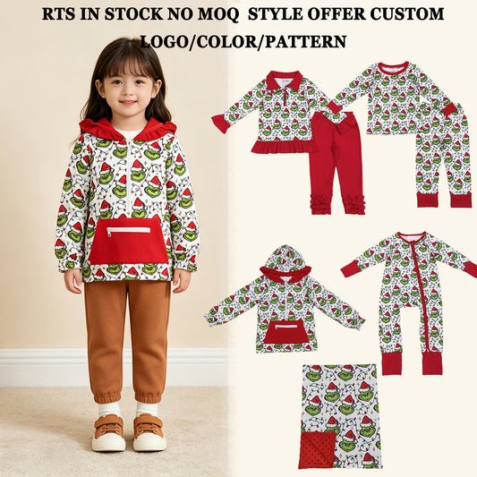 RTS NO MOQ Sibling milk silk Baby Girls Christmas Zipper Pullover Legging Pants Set Pajamas Sets Rompers Hoodies Top Blankets