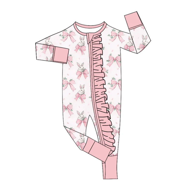 X922Preorder (moq 5)Baby Girls Pink Bows Rabbits Easter Ruffle Zipper Footie Rompers