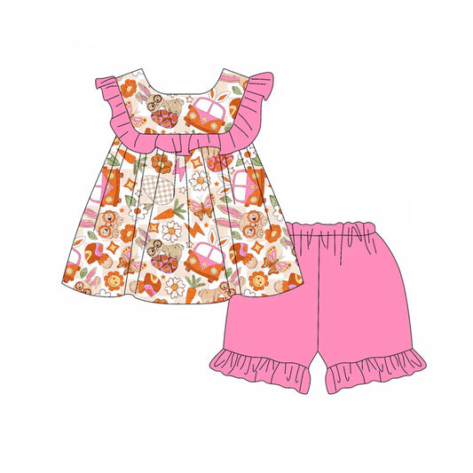 X11.15Preorder(moq 5) Baby Girls Rabbits Eggs Flowers Tunic Ruffle Shorts Easter Clothes Sets