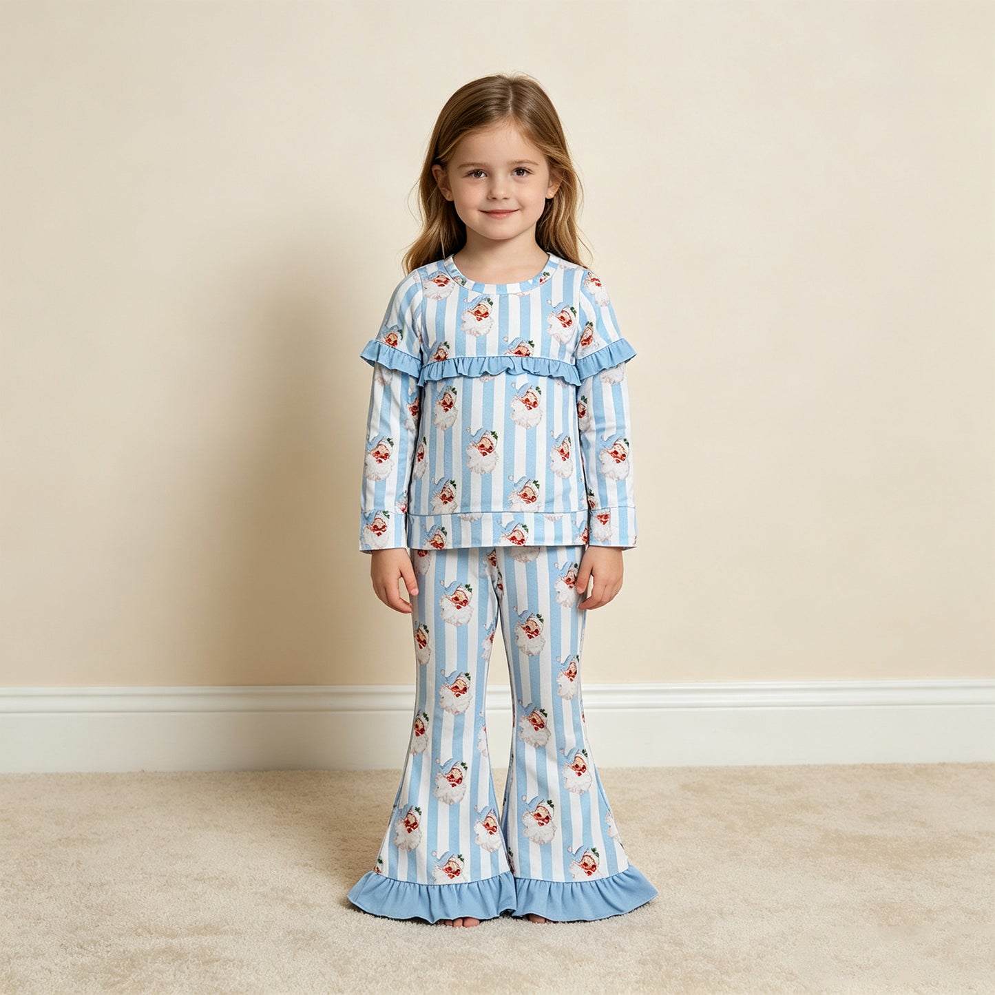 NEW RTS NO MOQ milk silk GLP3451 Baby Girls Blue Bow Santa Stripe Print Long Sleeve Top Bell Bottom Flare Pants Christmas Set