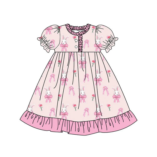 X923Preorder (moq 5)Baby Girls Pink Flowers Rabbits Easter Button Ruffle Knee Length Dresses