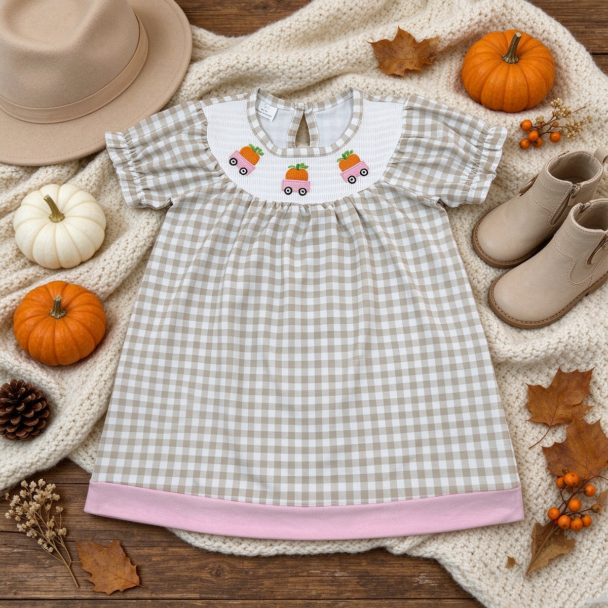 NEW RTS NO MOQ milk silk GSD4258 Smocked Pumpkins Trucks Baby Girls Khaki Checked Fall Knee Length Dresses