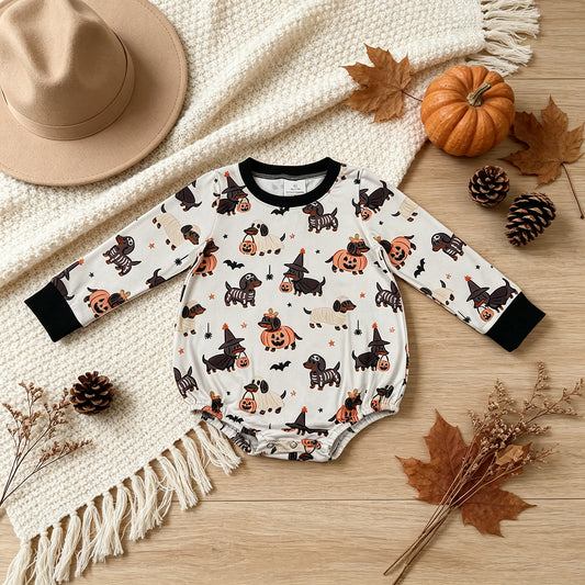 NEW RTS NO MOQ milk silk LR3238 Baby Boys Long Sleeve Ghost Pumpkins Dogs Halloween Romper