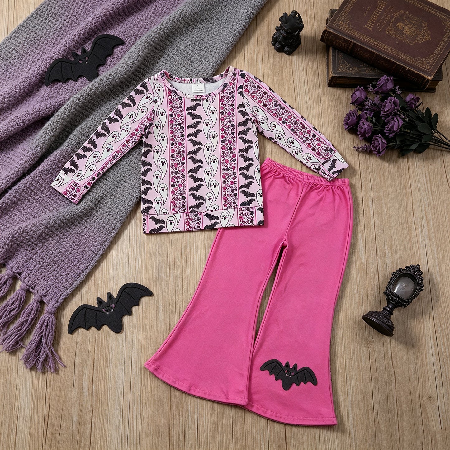 NEW RTS NO MOQ milk silk GLP3537 Baby Girls Bat Ghosts Stripe Top Flare Pant Halloweens Clothes Sets