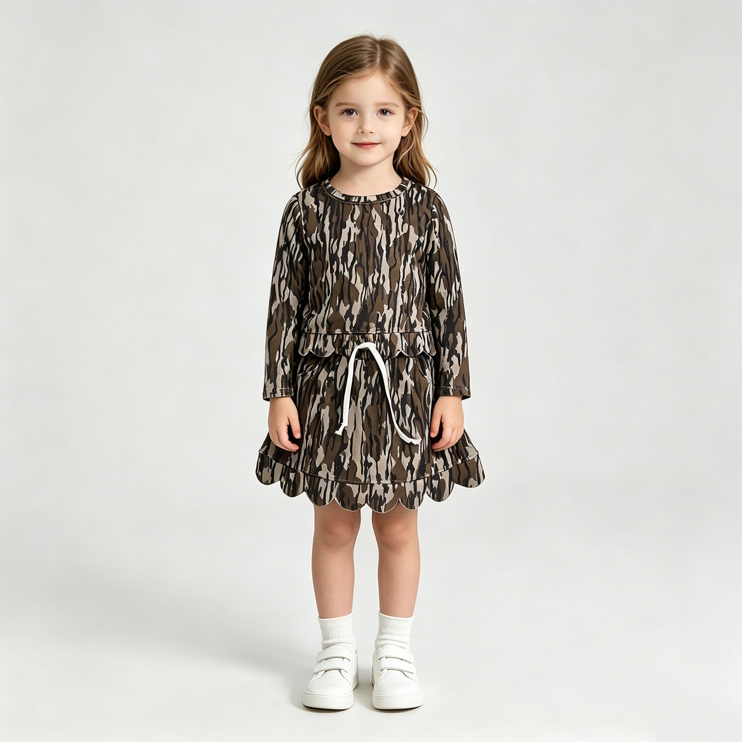 NEW RTS NO MOQ milk silk GLD1615( GT1686+GLK0298) Baby Girls Long Sleeve Southern Olive Wood Camo Scallop T-shirts Top Set