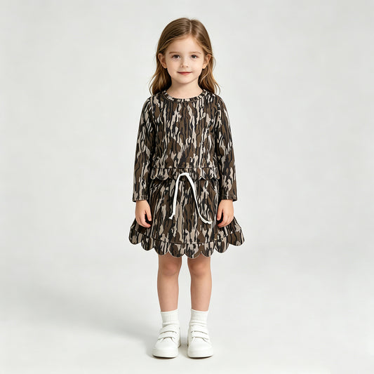 NEW RTS NO MOQ milk silk GLD1615( GT1686+GLK0298) Baby Girls Long Sleeve Southern Olive Wood Camo Scallop T-shirts Top Set