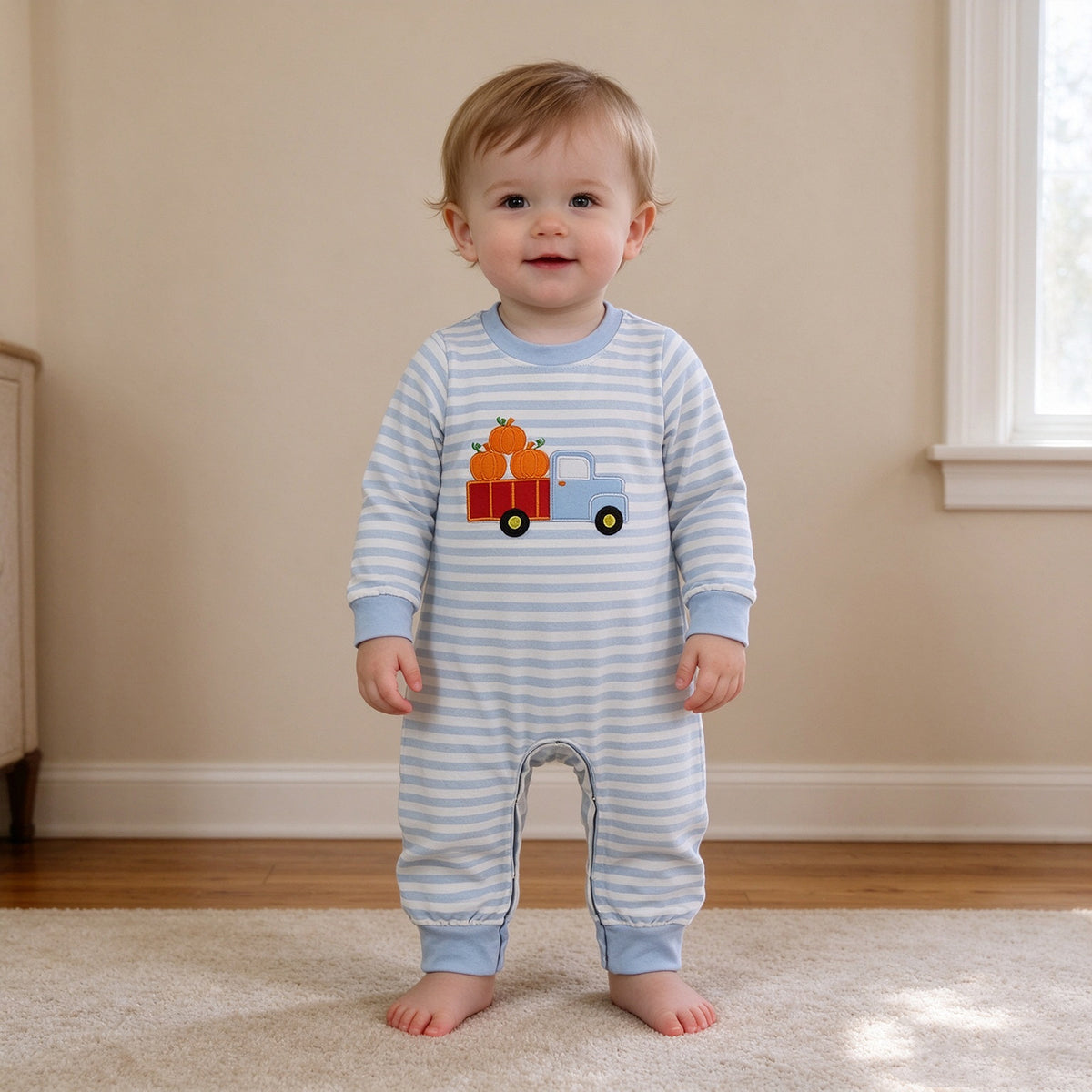 NEW RTS NO MOQ milk silk LR1023 Embroidery Pumpkin Truck Baby Boys Long Sleeve Fall Stripe Rompers