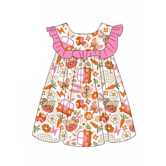X11.14Preorder(moq 5) Baby Girls Rabbits Eggs Flowers Easter Knee Length Dresses