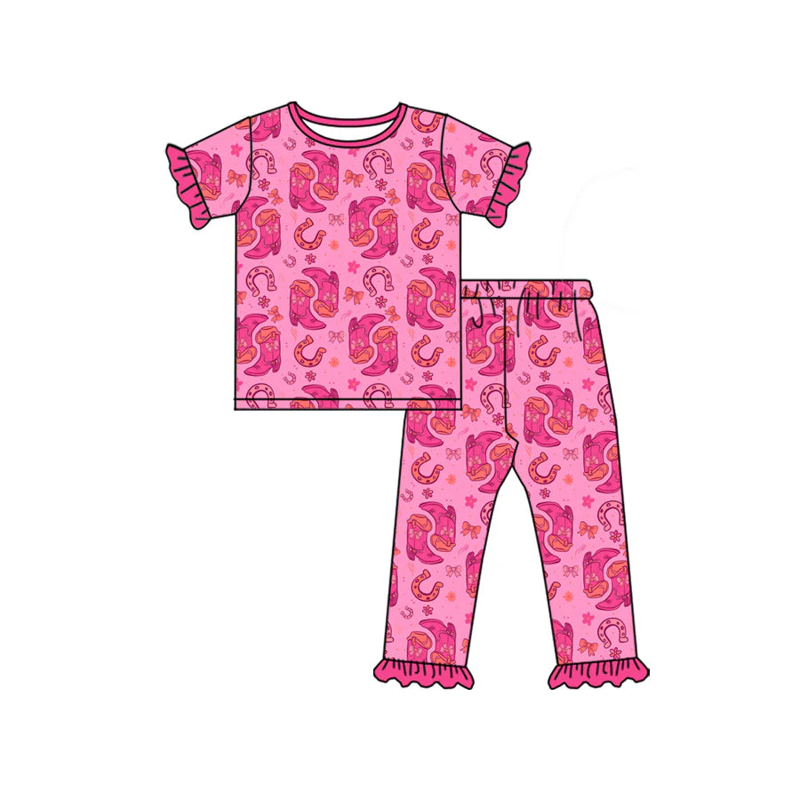 X1.15 Preorder (moq 5)Baby Girls Bow Boots Top Ruffle Pants Western Pajamas Sets