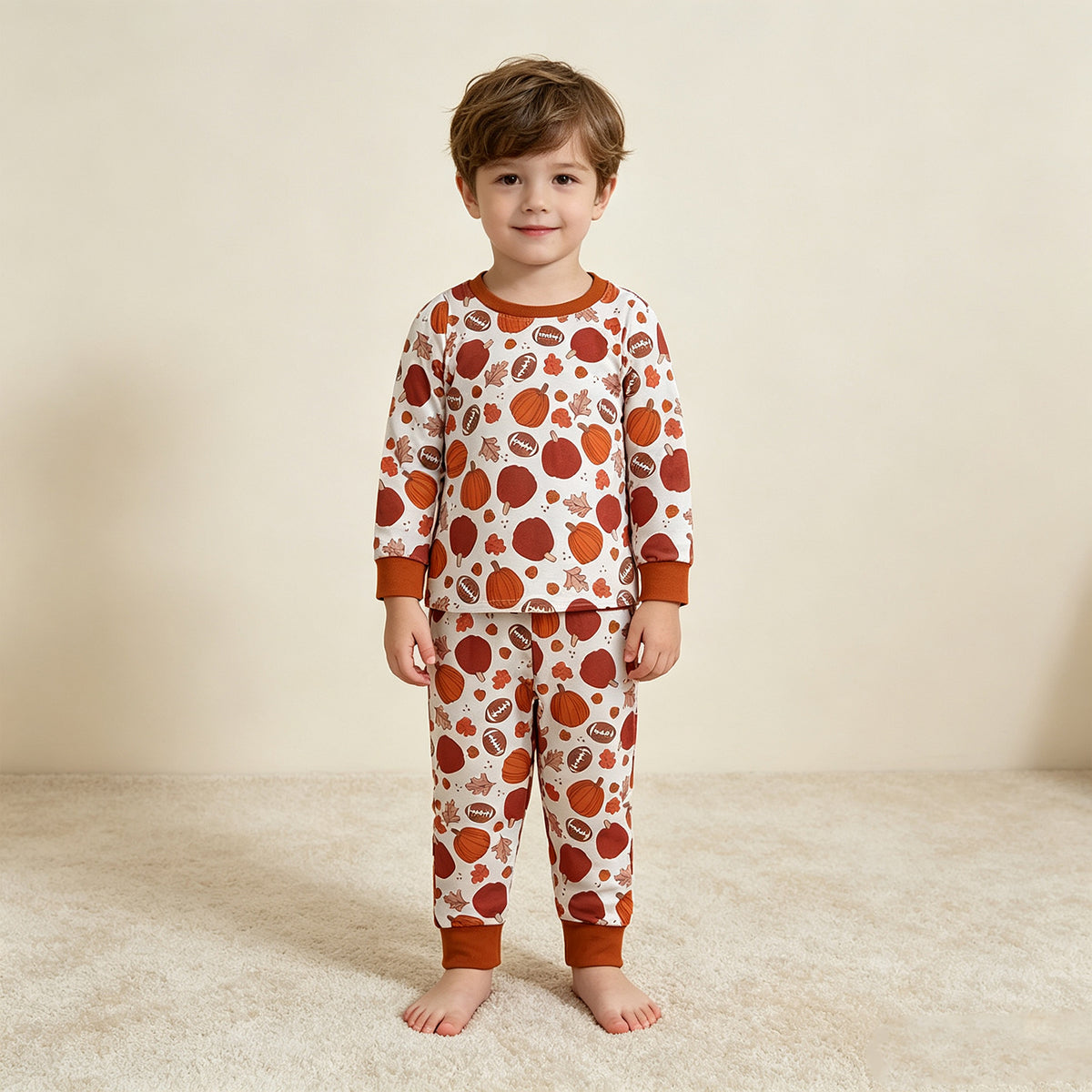 NEW RTS NO MOQ milk silk BLP1539 （BT1928+P1197）Baby Boys Football Pumpkins Leaves Top Pockets Joggers Fall Clothes Set