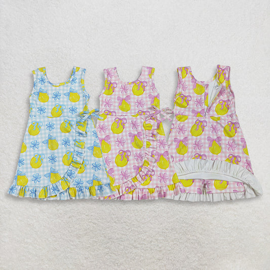 3.31 Sibling Baby Girls Pink Blue Checked Bows Lemons Yoga Active Shorts Knee Length Dress