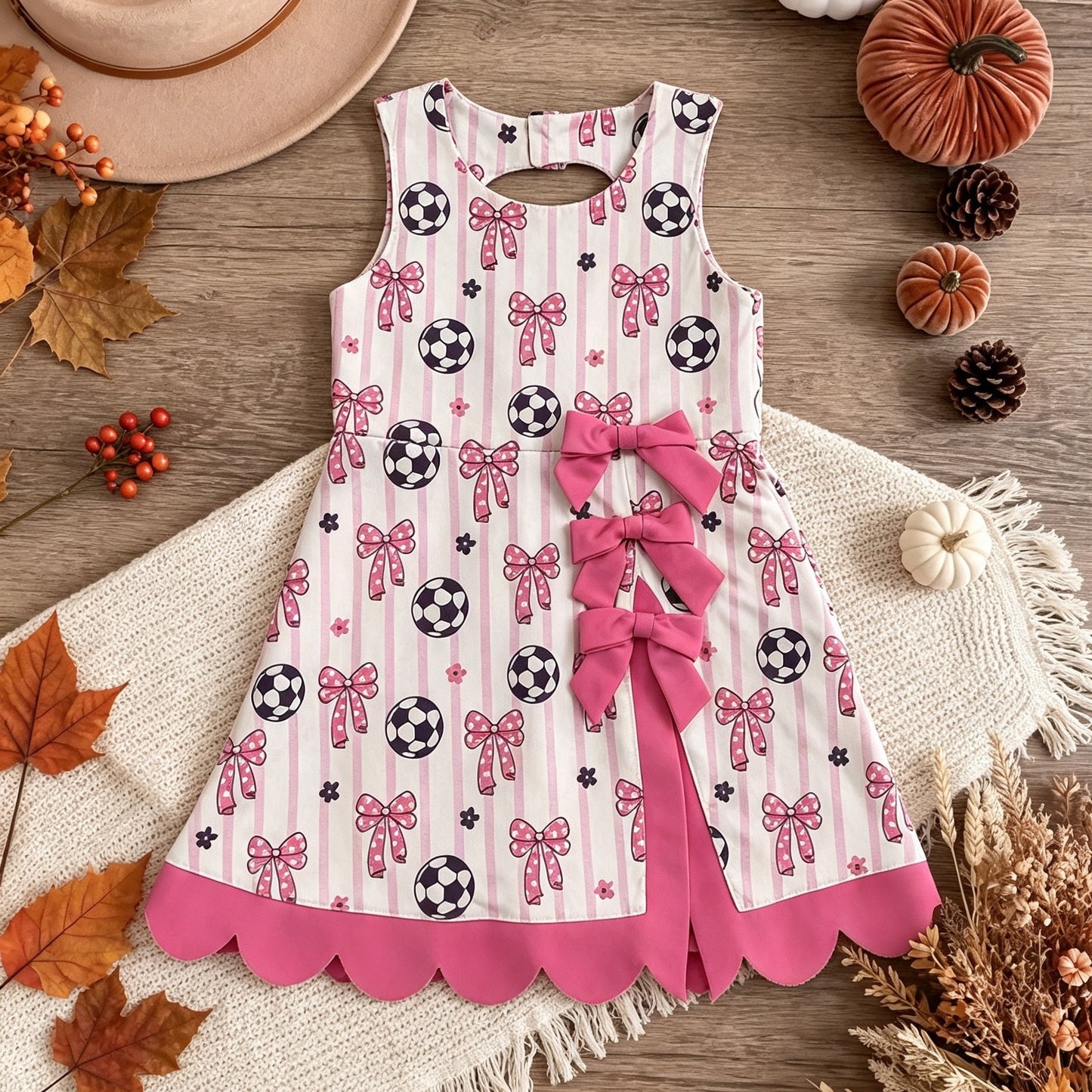 NEW RTS NO MOQ yoga fabric cotton GSD4100 Baby Girls Footballs Bows Team Yoga Active Short Scallop Knee Length Dress