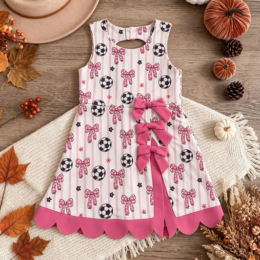 NEW RTS NO MOQ yoga fabric cotton GSD4100 Baby Girls Footballs Bows Team Yoga Active Short Scallop Knee Length Dress